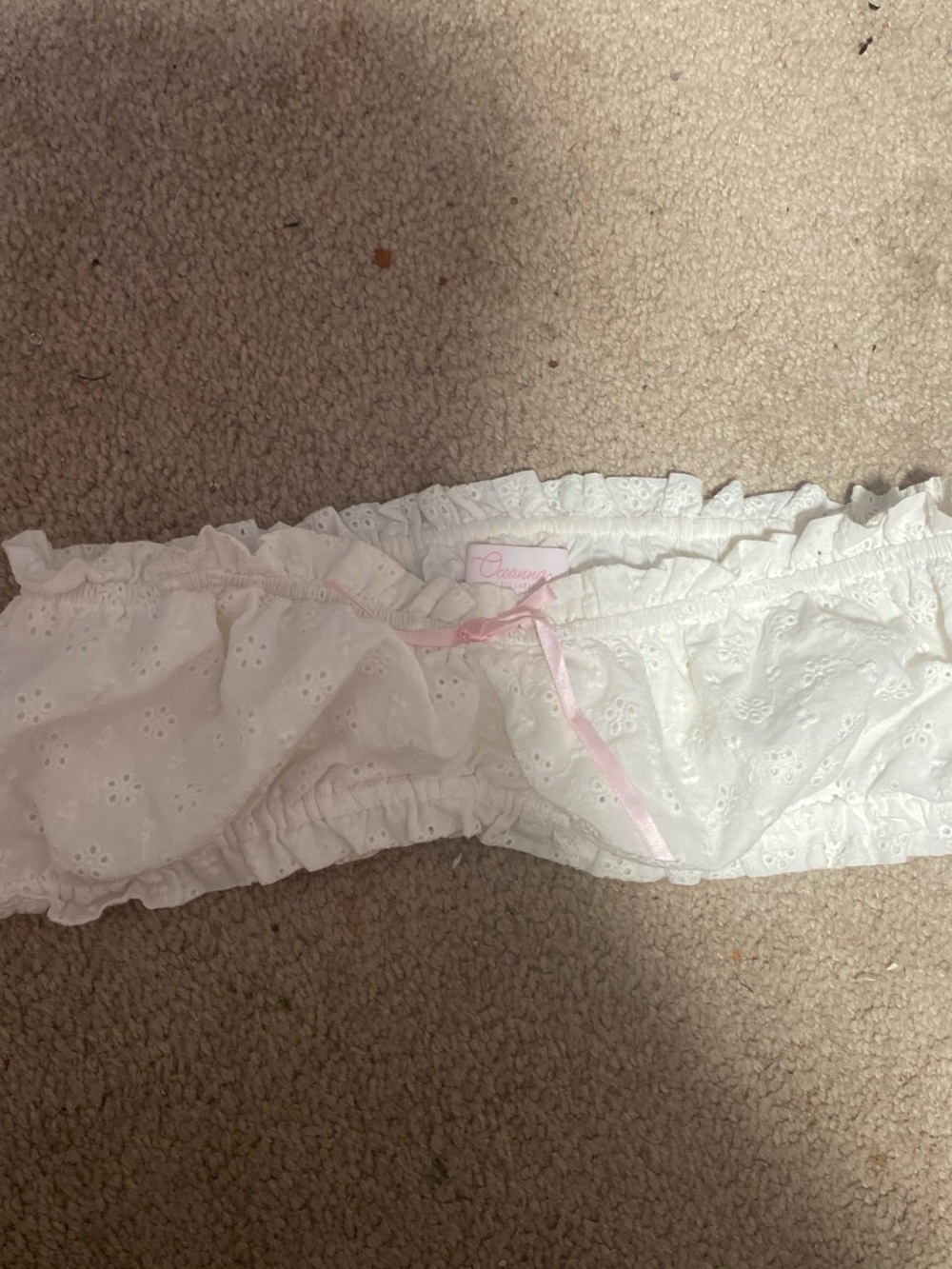 White Eyelet Ruffle Bandeau with Pink Ribbon